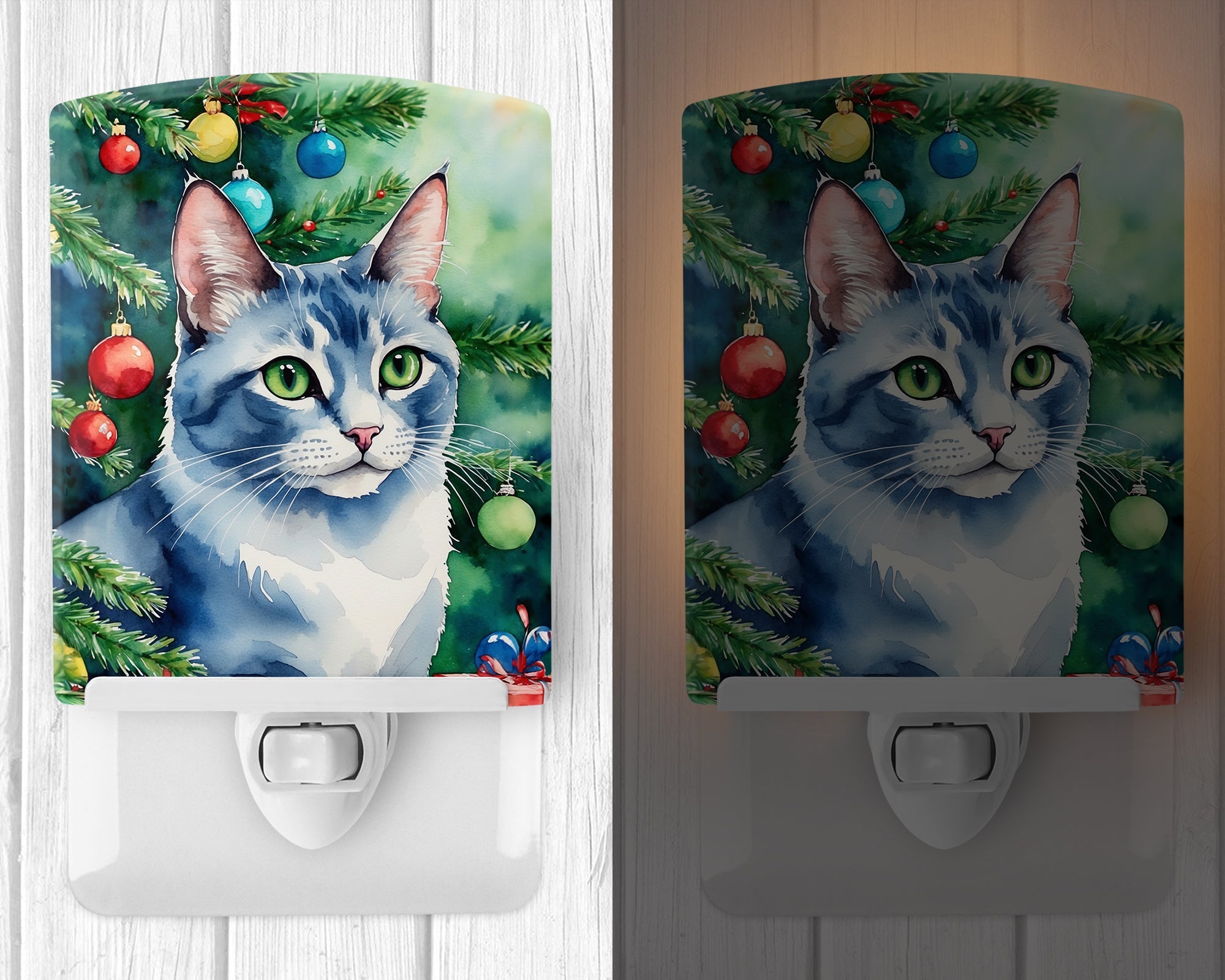 Ojos Azules Cat By the Christmas Tree Ceramic Night Light Compact, UL-Certified, Ideal for Bedroom, Bathroom, Nursery, Hallway, Kitchen, 6x4x3, Multicolor