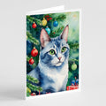 Ojos Azules Cat By the Christmas Tree Greeting Cards Pack of 8 Blank Cards with Envelopes Whimsical A7 Size 5x7