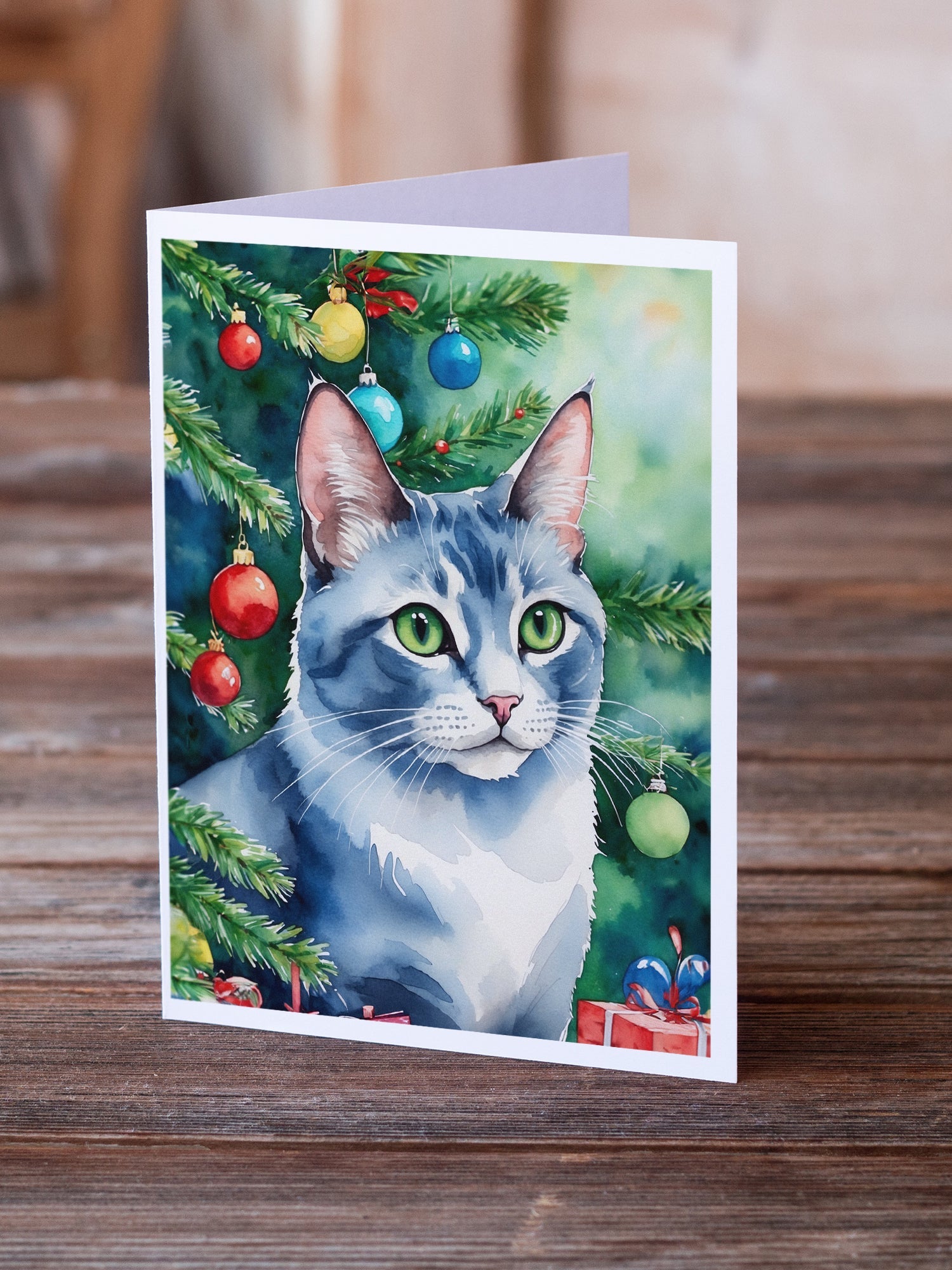 Ojos Azules Cat By the Christmas Tree Greeting Cards Pack of 8 Blank Cards with Envelopes Whimsical A7 Size 5x7