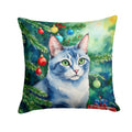 Ojos Azules Cat By the Christmas Tree Decorative Throw Pillow 14x14 Indoor Outdoor Accent Cushion, Fabric Cover with Insert for Sofa, Bed, Porch & Living Room