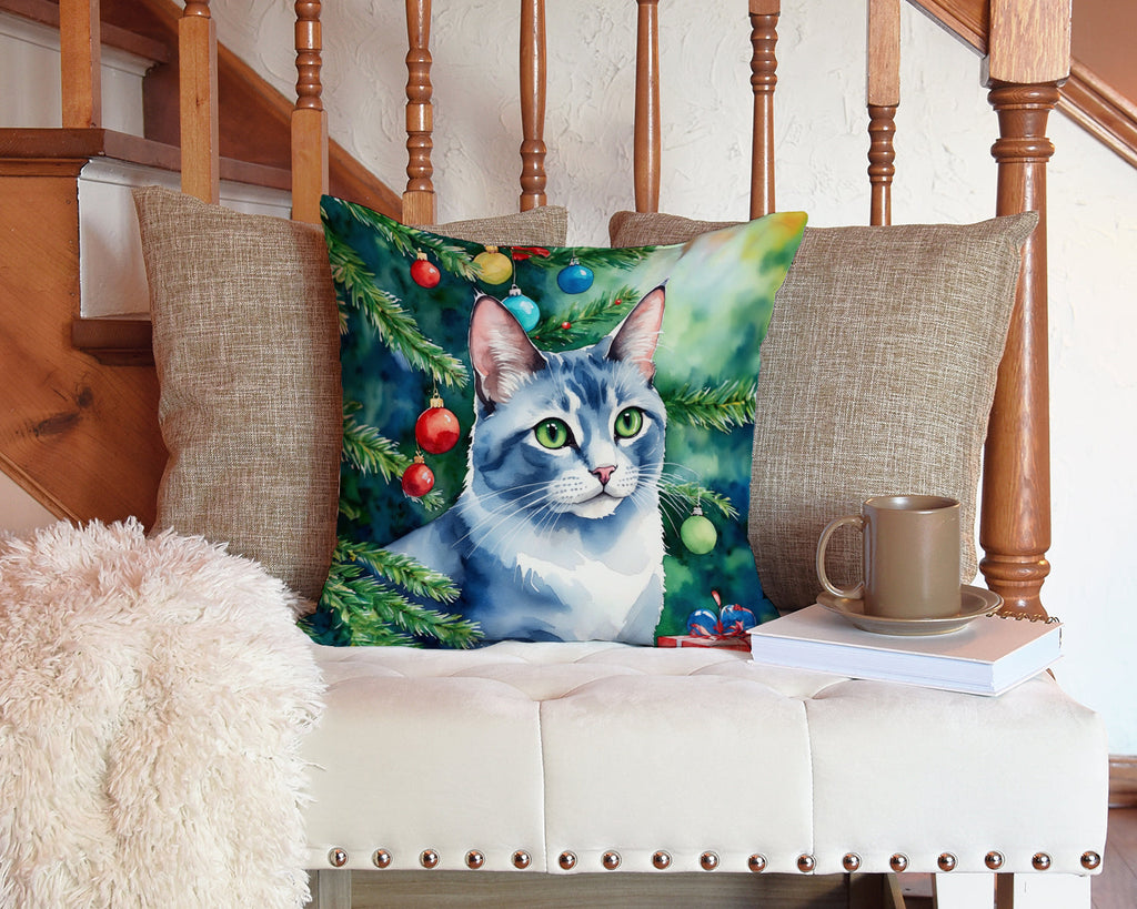 Ojos Azules Cat By the Christmas Tree Decorative Throw Pillow 14x14 Indoor Outdoor Accent Cushion, Fabric Cover with Insert for Sofa, Bed, Porch & Living Room