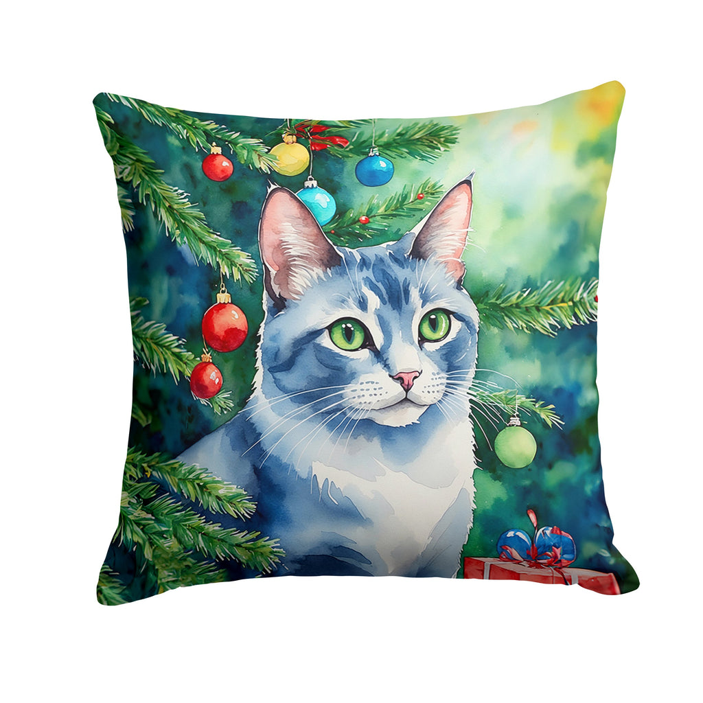 Ojos Azules Cat By the Christmas Tree Decorative Throw Pillow 18x18 Indoor Outdoor Accent Cushion, Fabric Cover with Insert for Sofa, Bed, Porch & Living Room