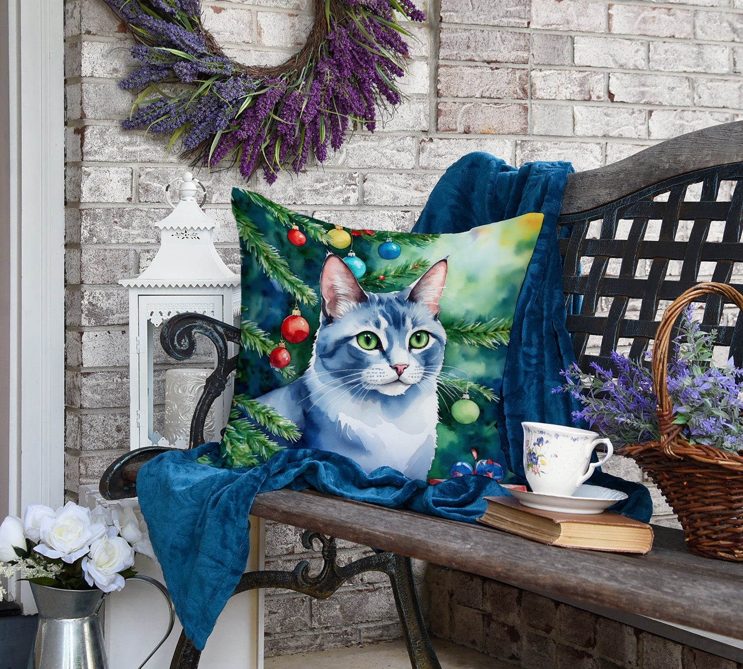Ojos Azules Cat By the Christmas Tree Decorative Throw Pillow 18x18 Indoor Outdoor Accent Cushion, Fabric Cover with Insert for Sofa, Bed, Porch & Living Room