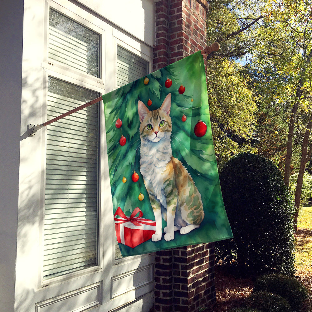 Oregon Rex Cat By the Christmas Tree House Flag 28x40 Porch Sleeve Pole Decorative Outside Yard Banner Artwork Wall Hanging, Polyester