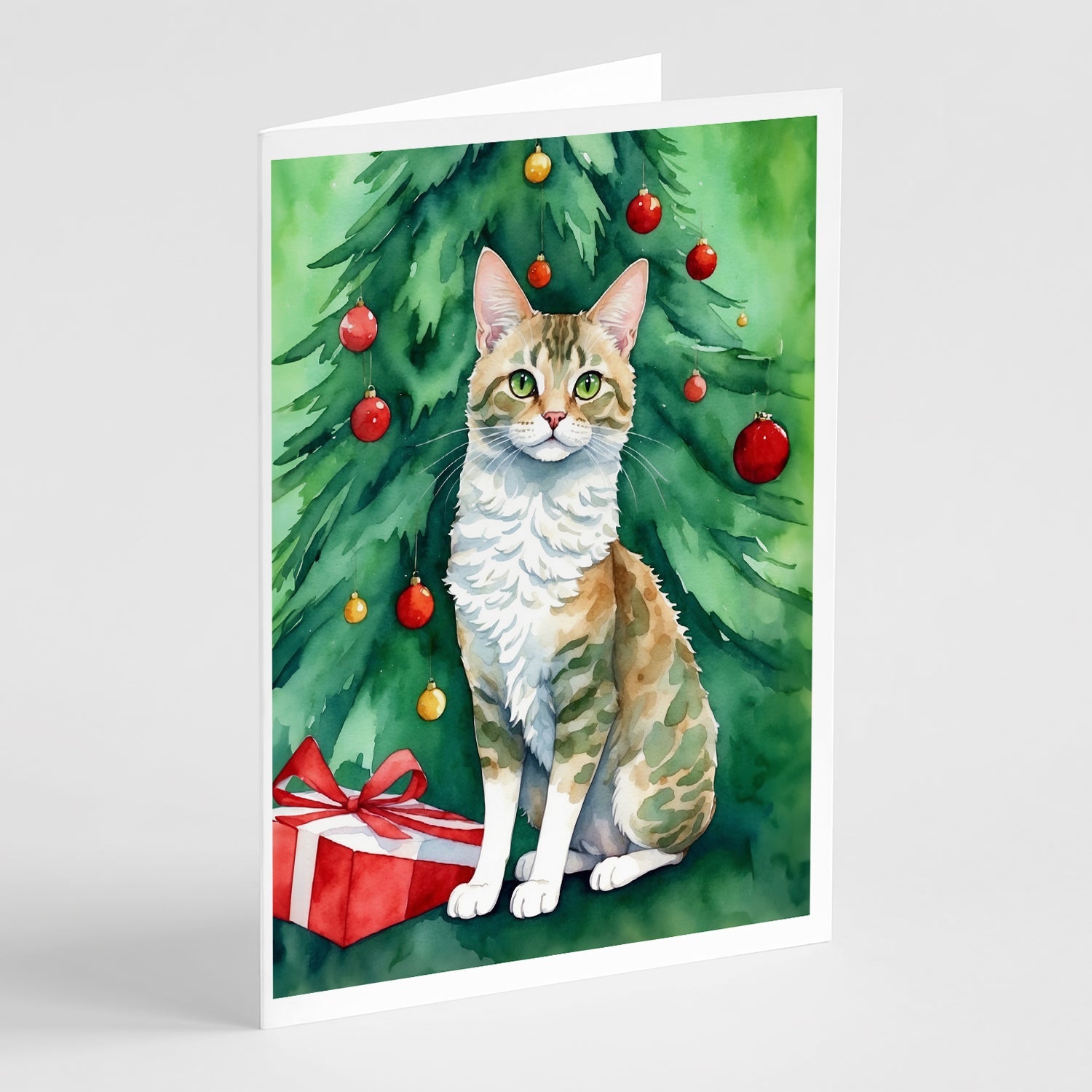 Oregon Rex Cat By the Christmas Tree Greeting Cards Pack of 8 Blank Cards with Envelopes Whimsical A7 Size 5x7
