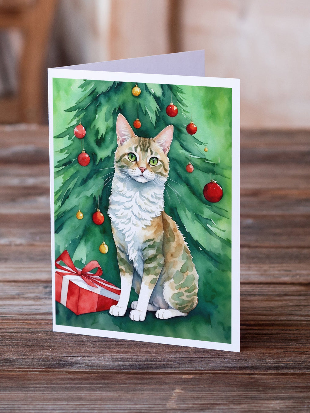 Oregon Rex Cat By the Christmas Tree Greeting Cards Pack of 8 Blank Cards with Envelopes Whimsical A7 Size 5x7