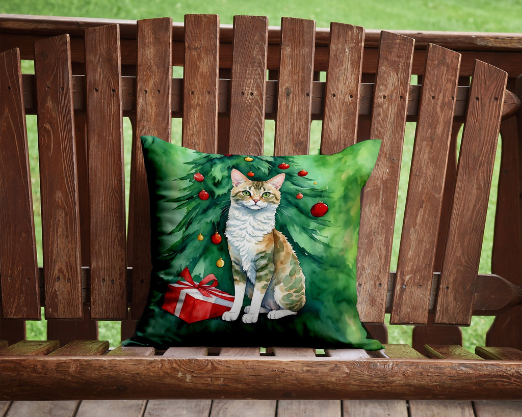 Oregon Rex Cat By the Christmas Tree Decorative Throw Pillow 14x14 Indoor Outdoor Accent Cushion, Fabric Cover with Insert for Sofa, Bed, Porch & Living Room