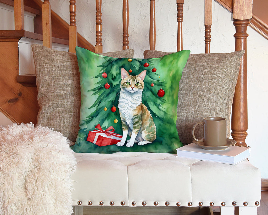 Oregon Rex Cat By the Christmas Tree Decorative Throw Pillow 14x14 Indoor Outdoor Accent Cushion, Fabric Cover with Insert for Sofa, Bed, Porch & Living Room