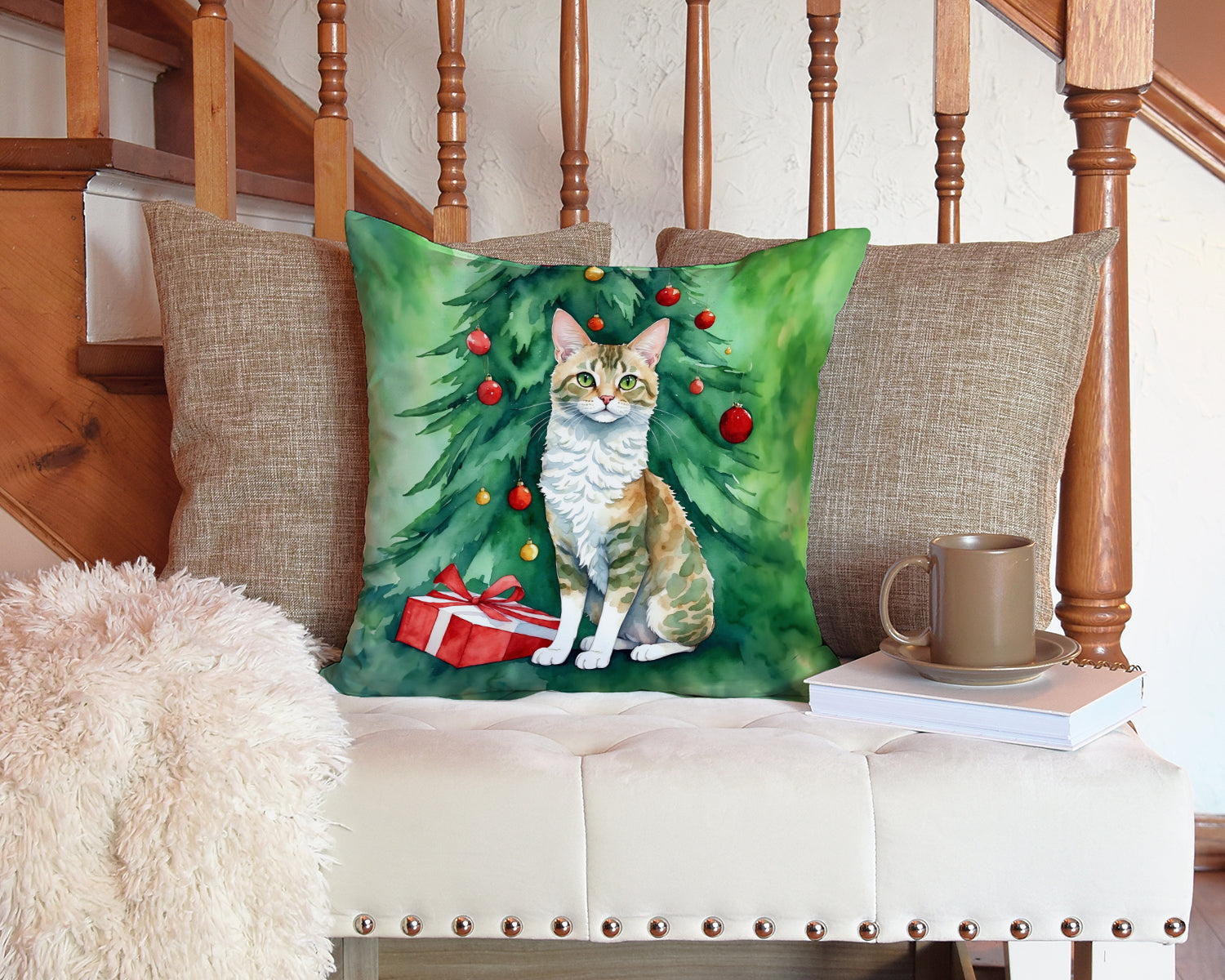 Oregon Rex Cat By the Christmas Tree Decorative Throw Pillow 14x14 Indoor Outdoor Accent Cushion, Fabric Cover with Insert for Sofa, Bed, Porch & Living Room