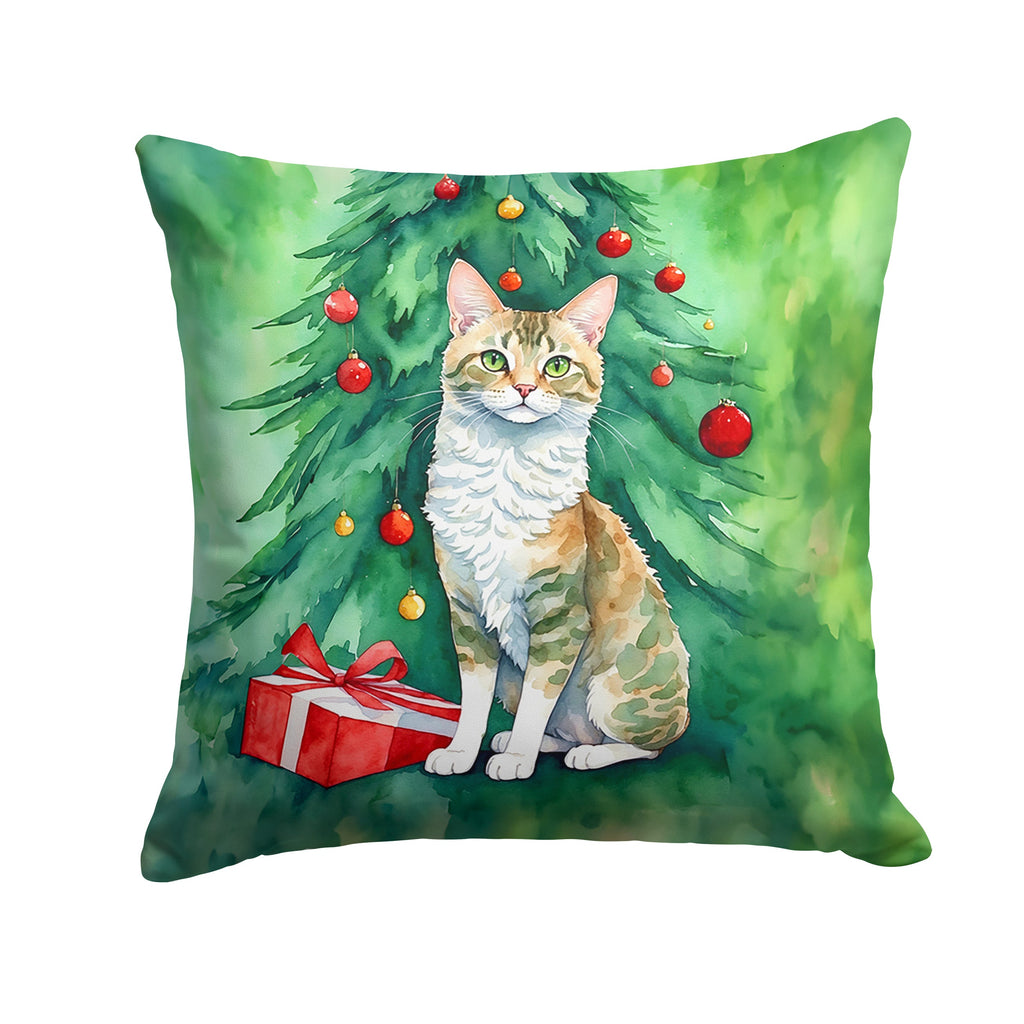 Oregon Rex Cat By the Christmas Tree Decorative Throw Pillow 18x18 Indoor Outdoor Accent Cushion, Fabric Cover with Insert for Sofa, Bed, Porch & Living Room