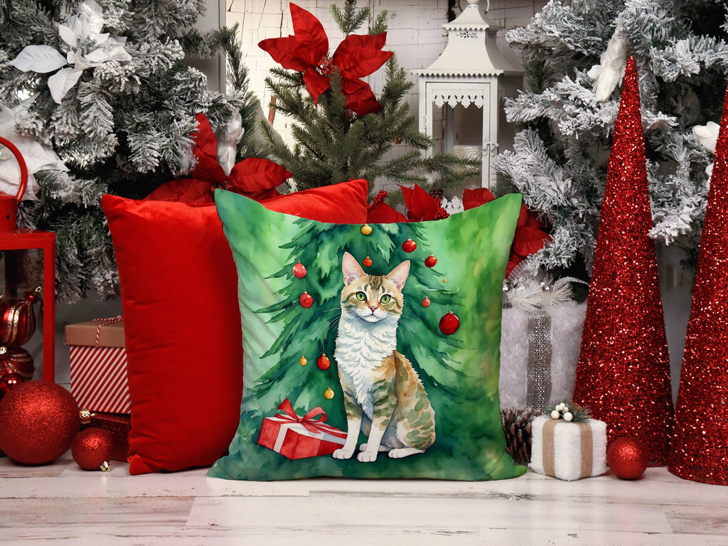 Oregon Rex Cat By the Christmas Tree Decorative Throw Pillow 18x18 Indoor Outdoor Accent Cushion, Fabric Cover with Insert for Sofa, Bed, Porch & Living Room