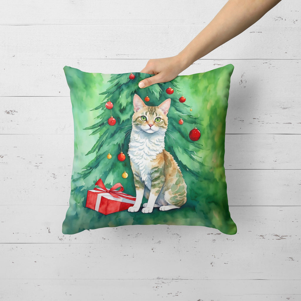 Oregon Rex Cat By the Christmas Tree Decorative Throw Pillow 18x18 Indoor Outdoor Accent Cushion, Fabric Cover with Insert for Sofa, Bed, Porch & Living Room