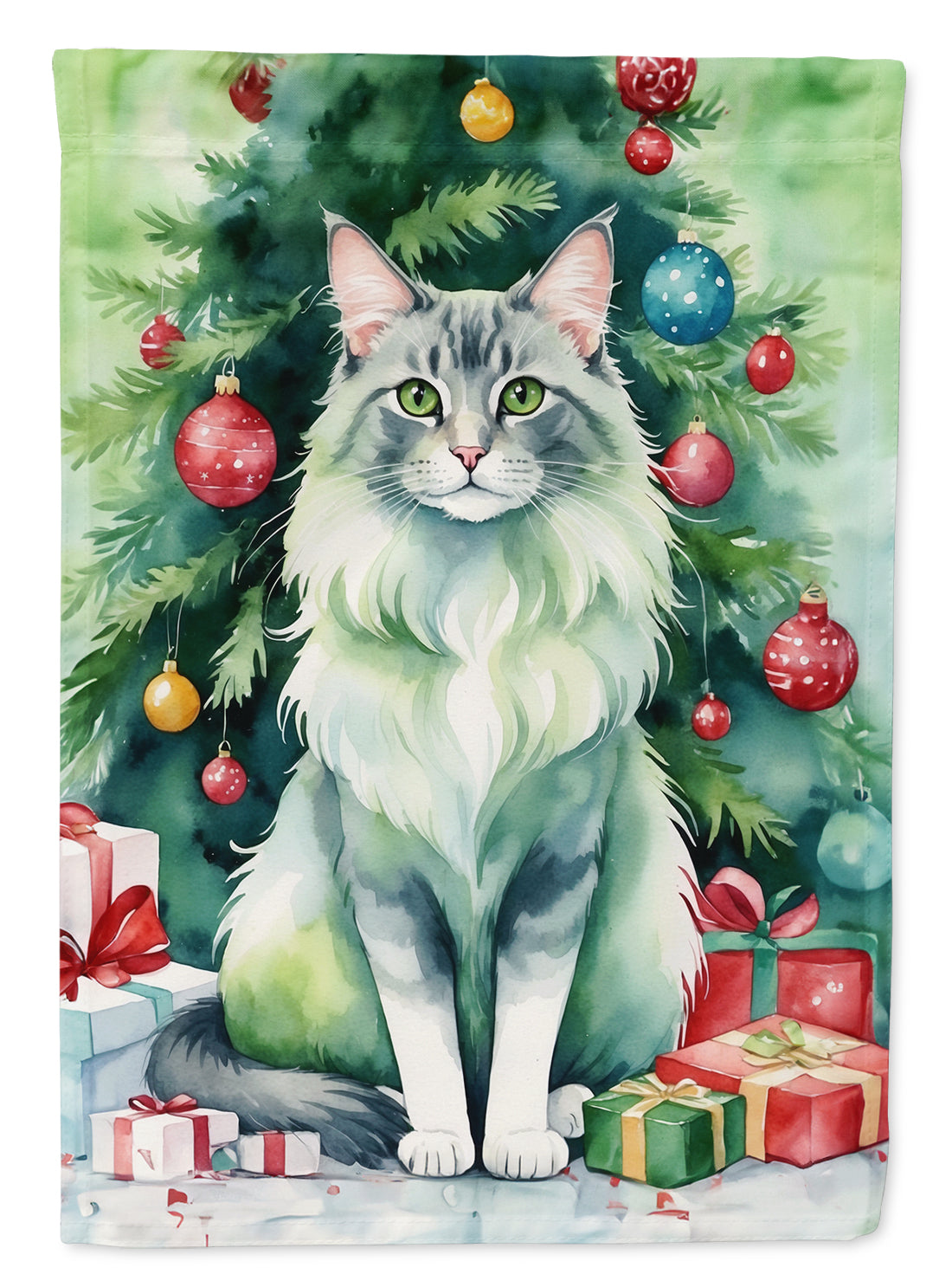 Oriental Longhair Cat By the Christmas Tree House Flag 28x40 Porch Sleeve Pole Decorative Outside Yard Banner Artwork Wall Hanging, Polyester