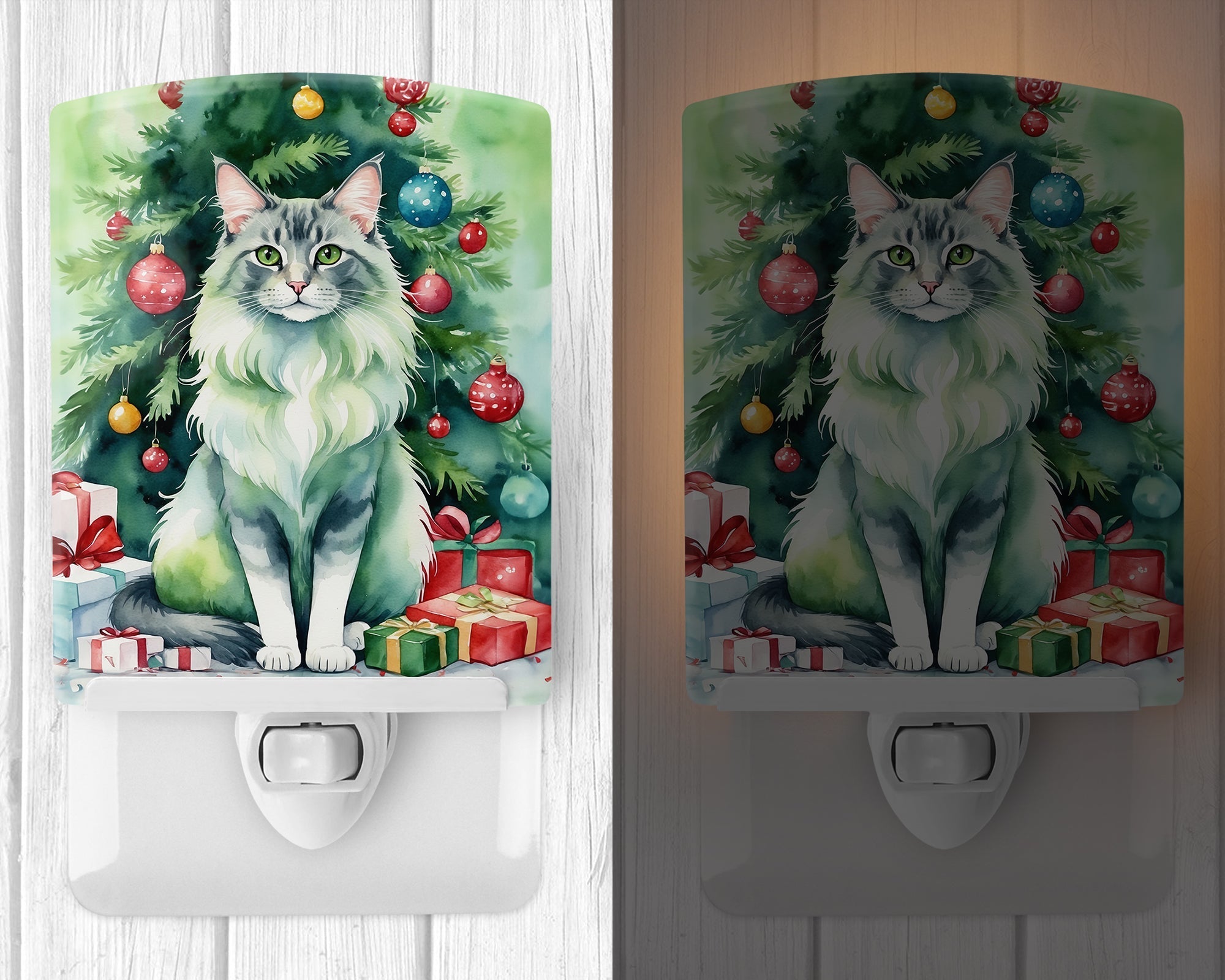 Oriental Longhair Cat By the Christmas Tree Ceramic Night Light Compact, UL-Certified, Ideal for Bedroom, Bathroom, Nursery, Hallway, Kitchen, 6x4x3, Multicolor