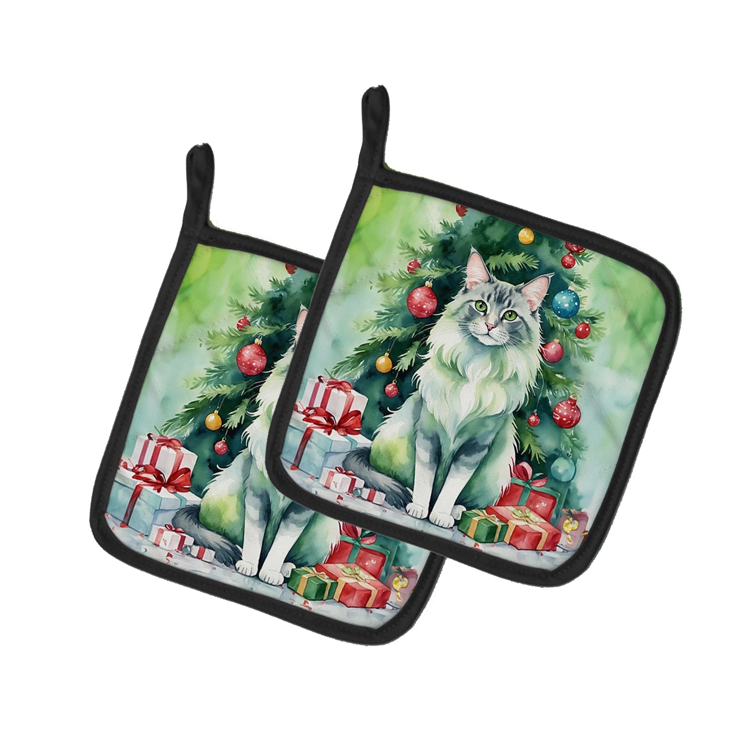Oriental Longhair Cat By the Christmas Tree Pot Holder Set of 2 Heat Resistant Quilted Hot Pads 7.5 x 7.5 Inch, Insulated Kitchen Trivets for Cooking & Baking