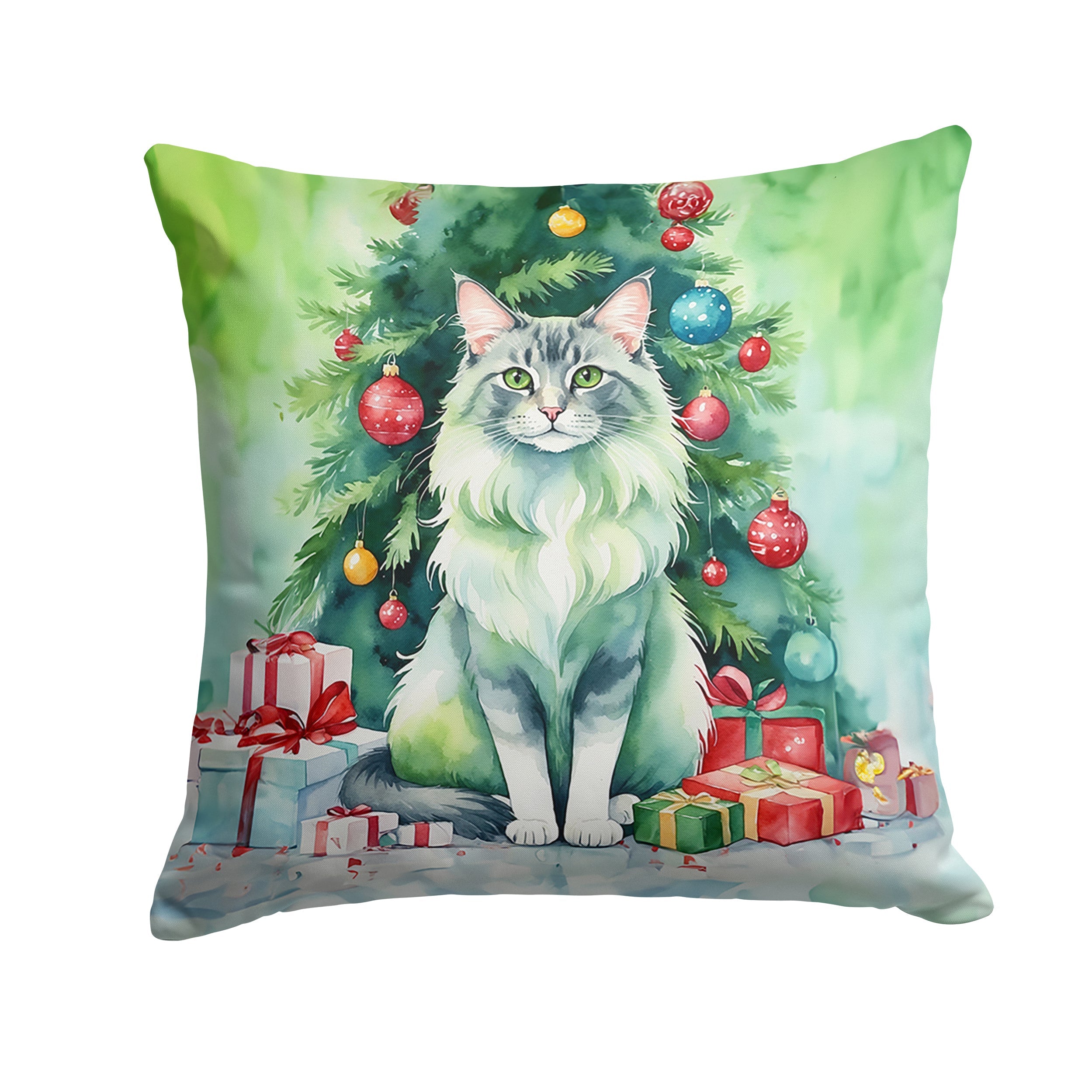 Oriental Longhair Cat By the Christmas Tree Decorative Throw Pillow 18x18 Indoor Outdoor Accent Cushion, Fabric Cover with Insert for Sofa, Bed, Porch & Living Room