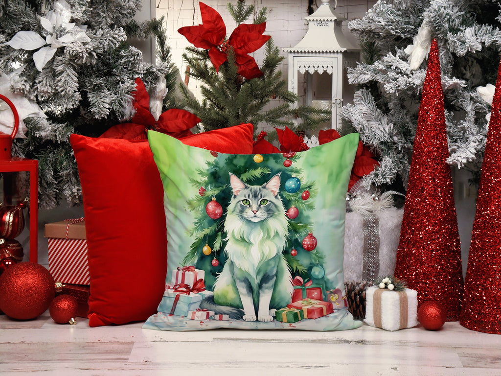 Oriental Longhair Cat By the Christmas Tree Decorative Throw Pillow 18x18 Indoor Outdoor Accent Cushion, Fabric Cover with Insert for Sofa, Bed, Porch & Living Room