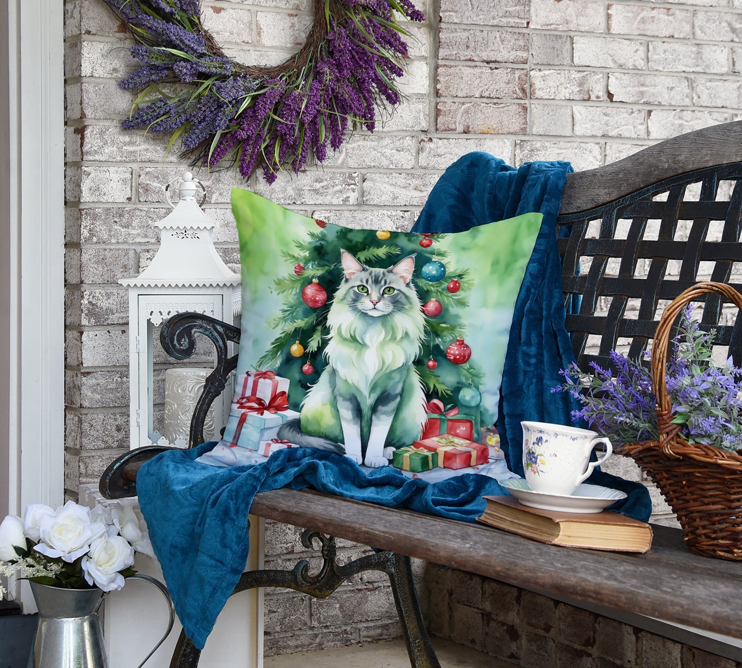 Oriental Longhair Cat By the Christmas Tree Decorative Throw Pillow 18x18 Indoor Outdoor Accent Cushion, Fabric Cover with Insert for Sofa, Bed, Porch & Living Room