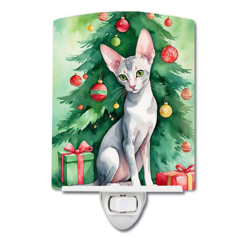 Oriental Shorthair Cat By the Christmas Tree Ceramic Night Light Compact, UL-Certified, Ideal for Bedroom, Bathroom, Nursery, Hallway, Kitchen, 6x4x3, Multicolor