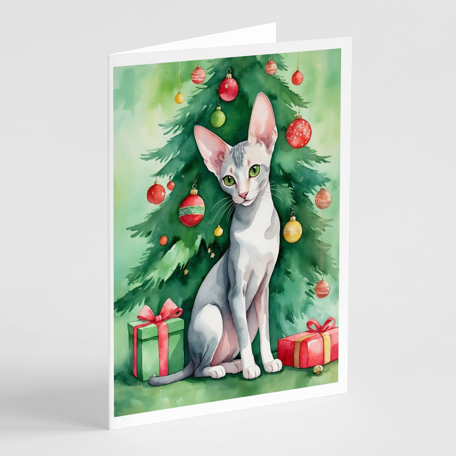 Oriental Shorthair Cat By the Christmas Tree Greeting Cards Pack of 8 Blank Cards with Envelopes Whimsical A7 Size 5x7