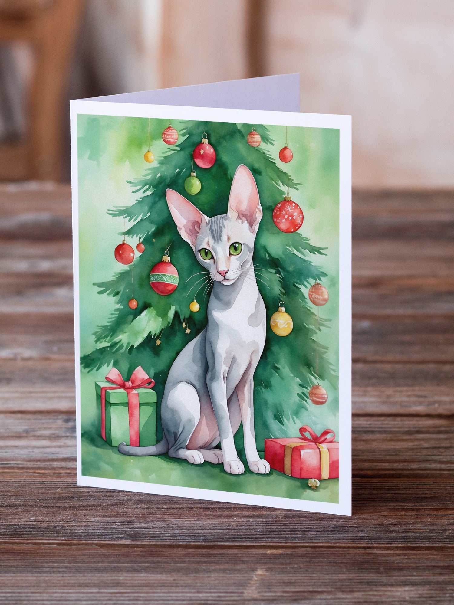 Oriental Shorthair Cat By the Christmas Tree Greeting Cards Pack of 8 Blank Cards with Envelopes Whimsical A7 Size 5x7