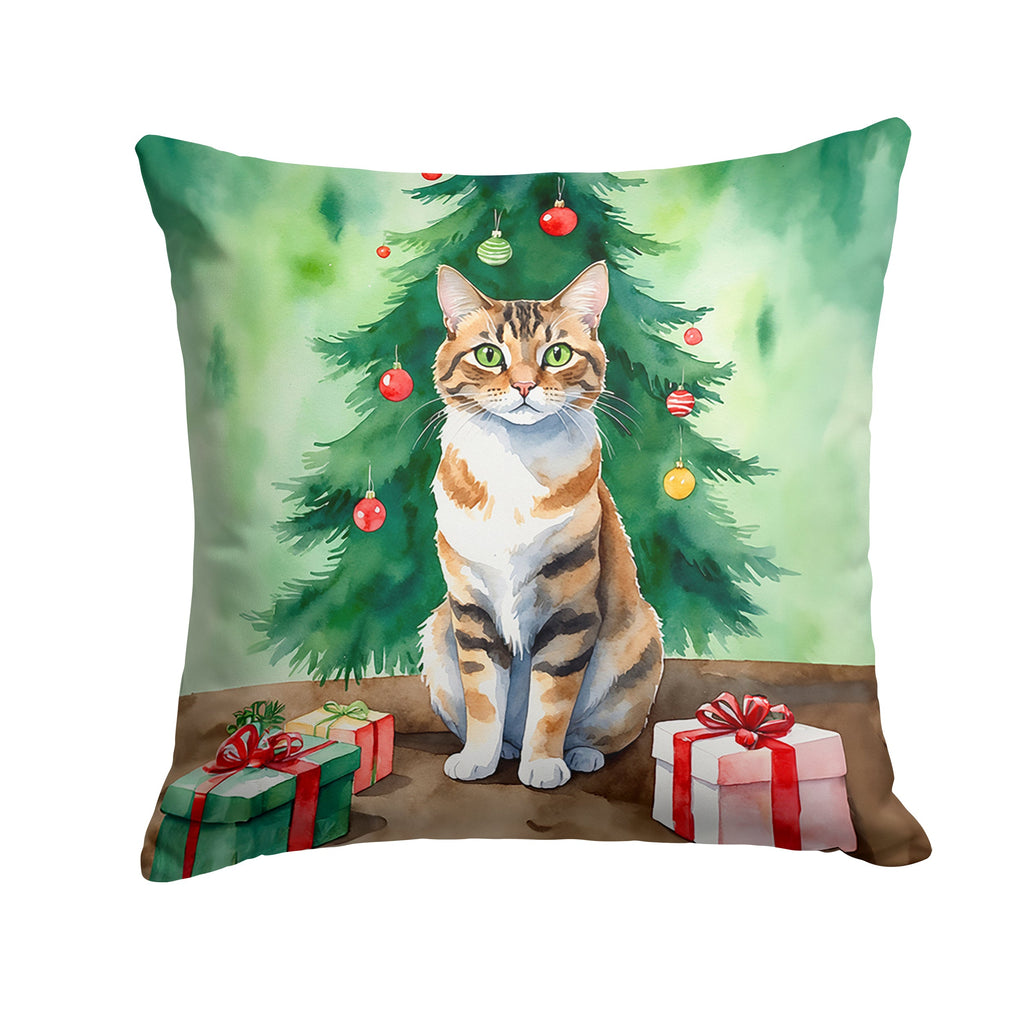 Owyhee Bob Cat By the Christmas Tree Decorative Throw Pillow 14x14 Indoor Outdoor Accent Cushion, Fabric Cover with Insert for Sofa, Bed, Porch & Living Room