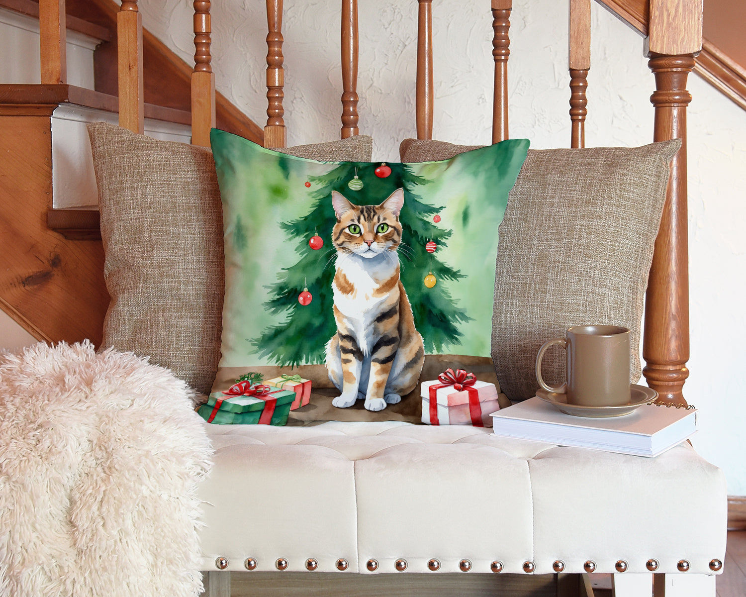 Owyhee Bob Cat By the Christmas Tree Decorative Throw Pillow 14x14 Indoor Outdoor Accent Cushion, Fabric Cover with Insert for Sofa, Bed, Porch & Living Room