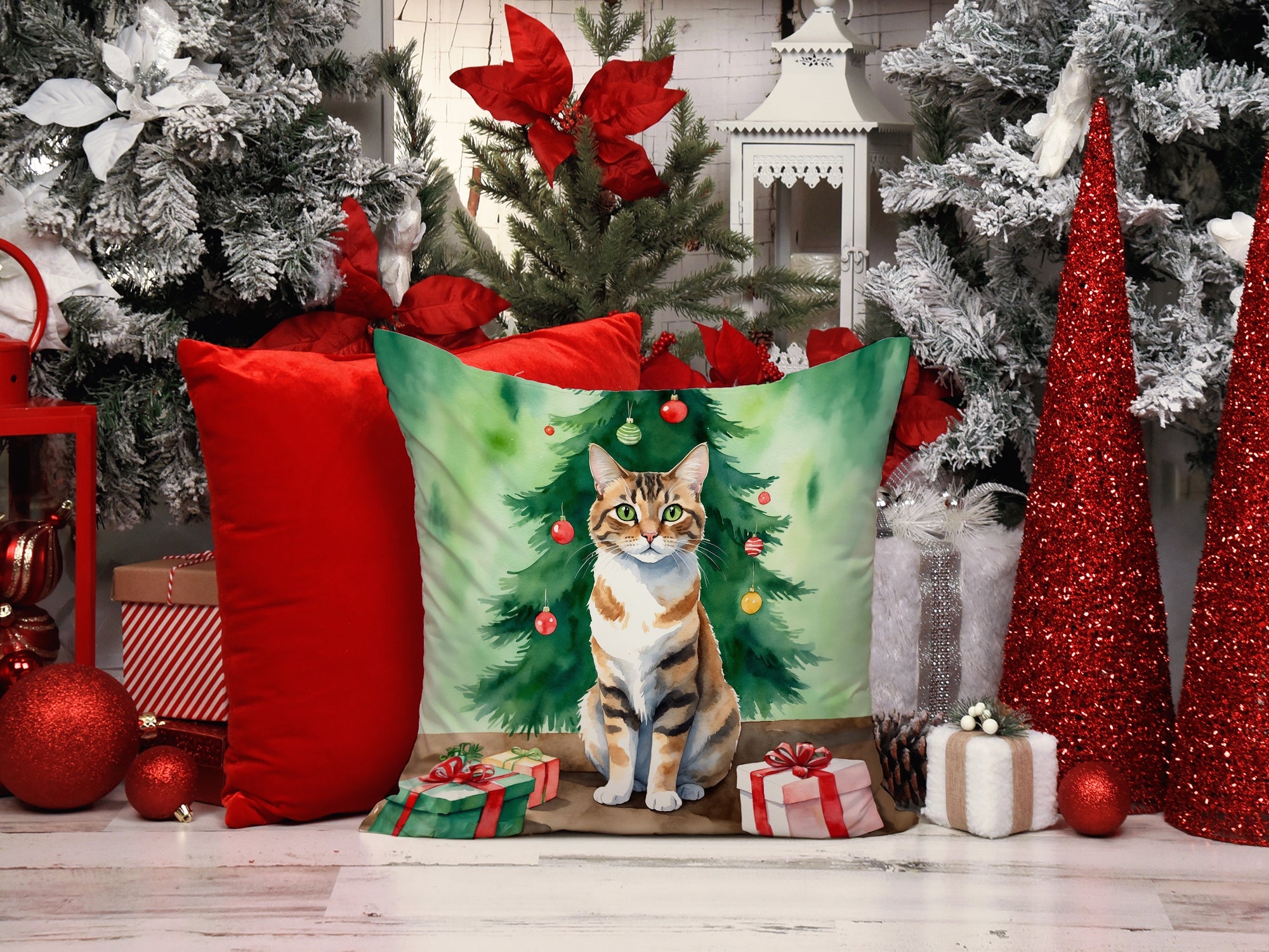 Owyhee Bob Cat By the Christmas Tree Decorative Throw Pillow 18x18 Indoor Outdoor Accent Cushion, Fabric Cover with Insert for Sofa, Bed, Porch & Living Room