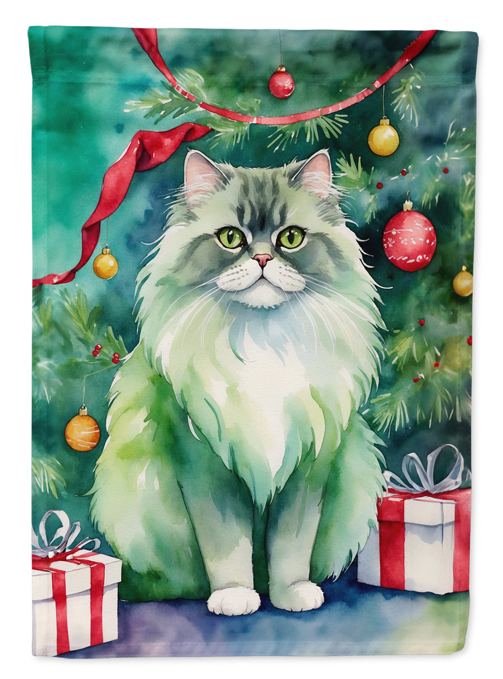 Persian Cat By the Christmas Tree House Flag 28x40 Porch Sleeve Pole Decorative Outside Yard Banner Artwork Wall Hanging, Polyester