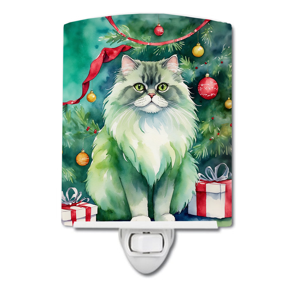 Persian Cat By the Christmas Tree Ceramic Night Light Compact, UL-Certified, Ideal for Bedroom, Bathroom, Nursery, Hallway, Kitchen, 6x4x3, Multicolor