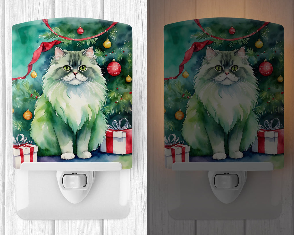 Persian Cat By the Christmas Tree Ceramic Night Light Compact, UL-Certified, Ideal for Bedroom, Bathroom, Nursery, Hallway, Kitchen, 6x4x3, Multicolor