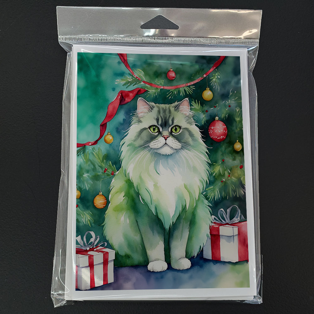 Persian Cat By the Christmas Tree Greeting Cards Pack of 8 Blank Cards with Envelopes Whimsical A7 Size 5x7