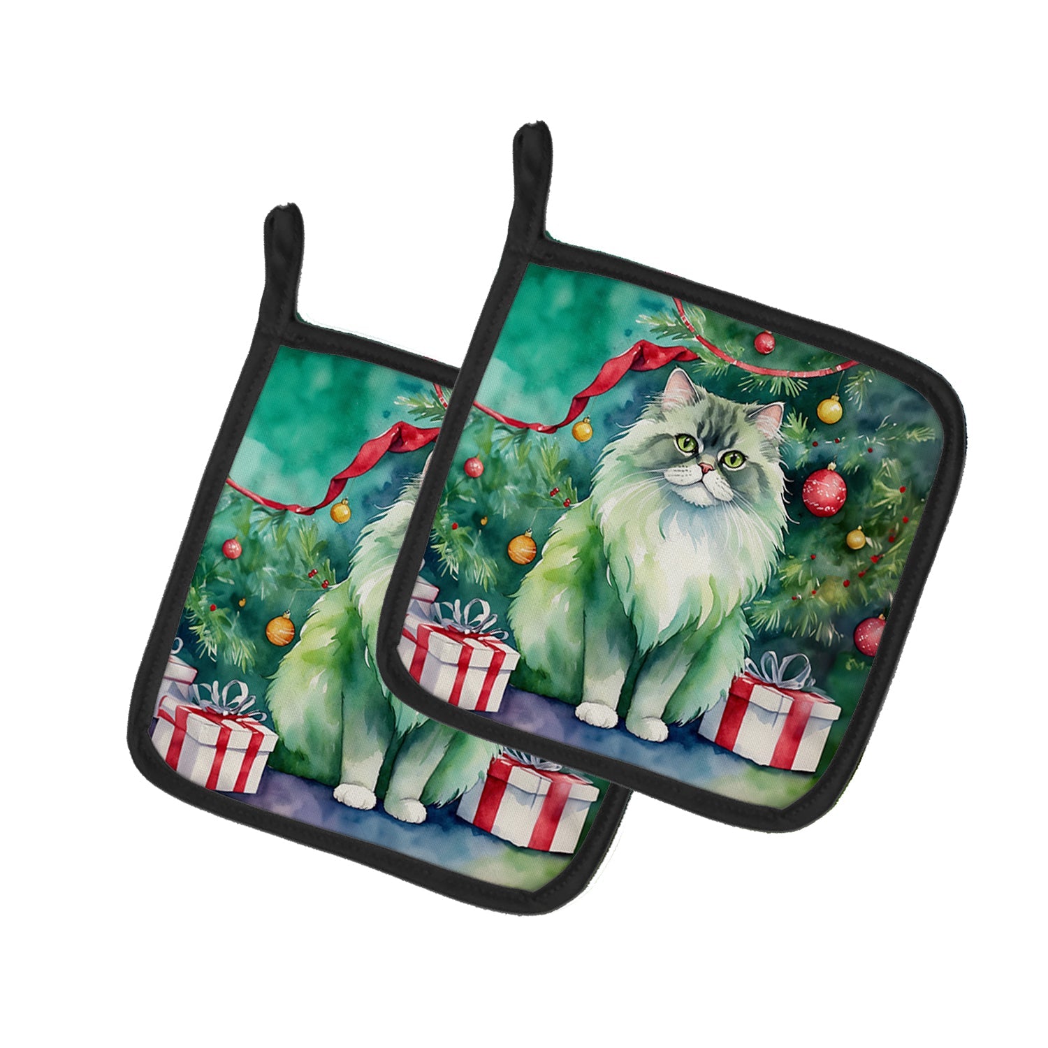 Persian Cat By the Christmas Tree Pot Holder Set of 2 Heat Resistant Quilted Hot Pads 7.5 x 7.5 Inch, Insulated Kitchen Trivets for Cooking & Baking