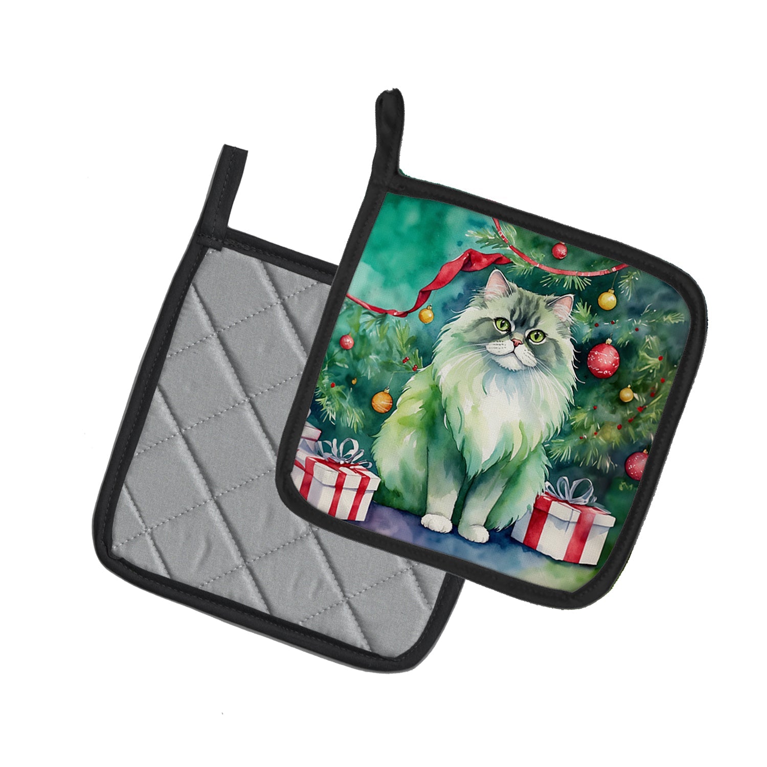 Persian Cat By the Christmas Tree Pot Holder Set of 2 Heat Resistant Quilted Hot Pads 7.5 x 7.5 Inch, Insulated Kitchen Trivets for Cooking & Baking