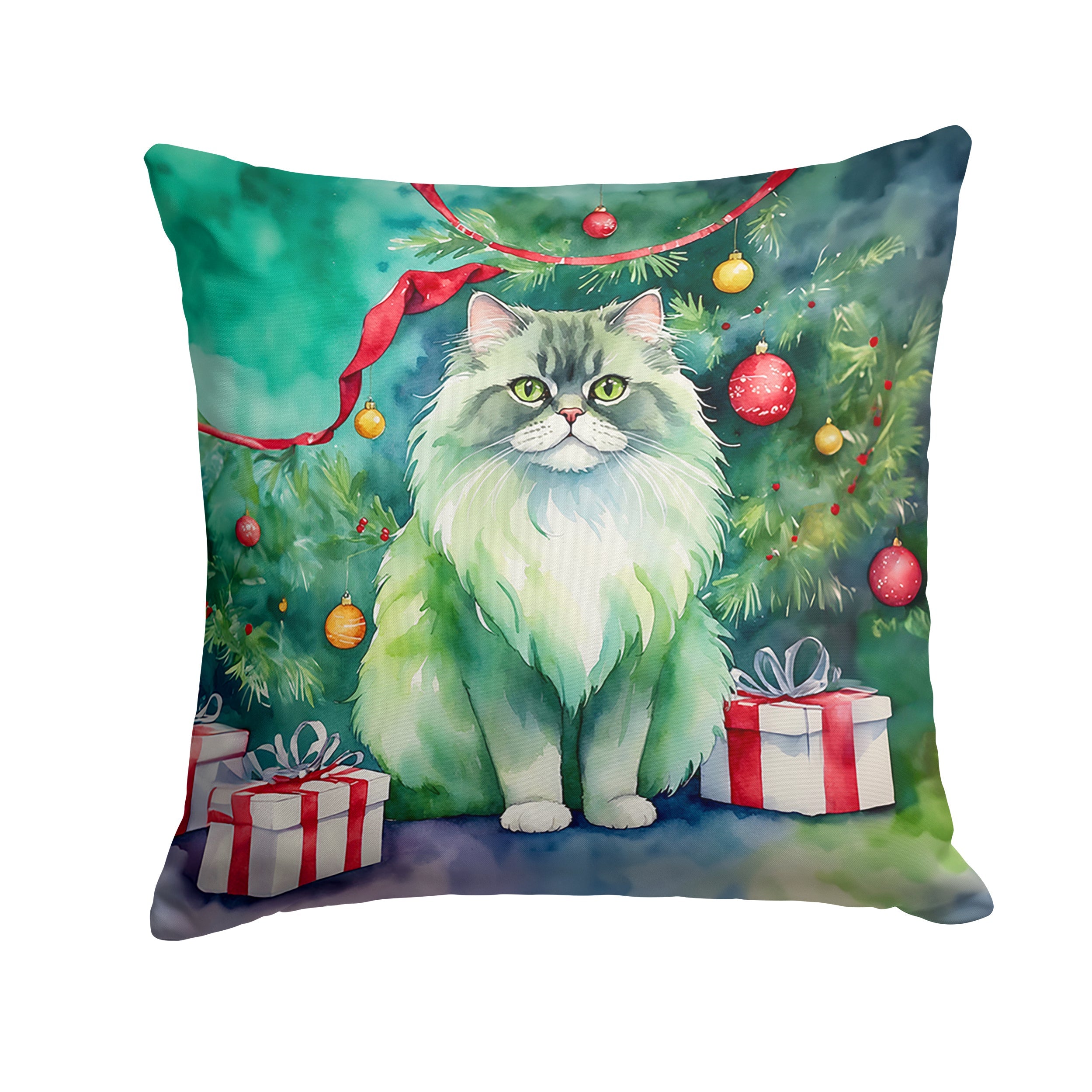 Persian Cat By the Christmas Tree Decorative Throw Pillow 14x14 Indoor Outdoor Accent Cushion, Fabric Cover with Insert for Sofa, Bed, Porch & Living Room