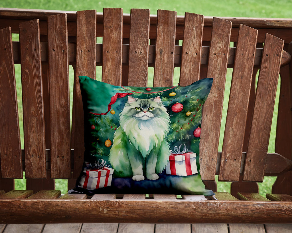 Persian Cat By the Christmas Tree Decorative Throw Pillow 14x14 Indoor Outdoor Accent Cushion, Fabric Cover with Insert for Sofa, Bed, Porch & Living Room