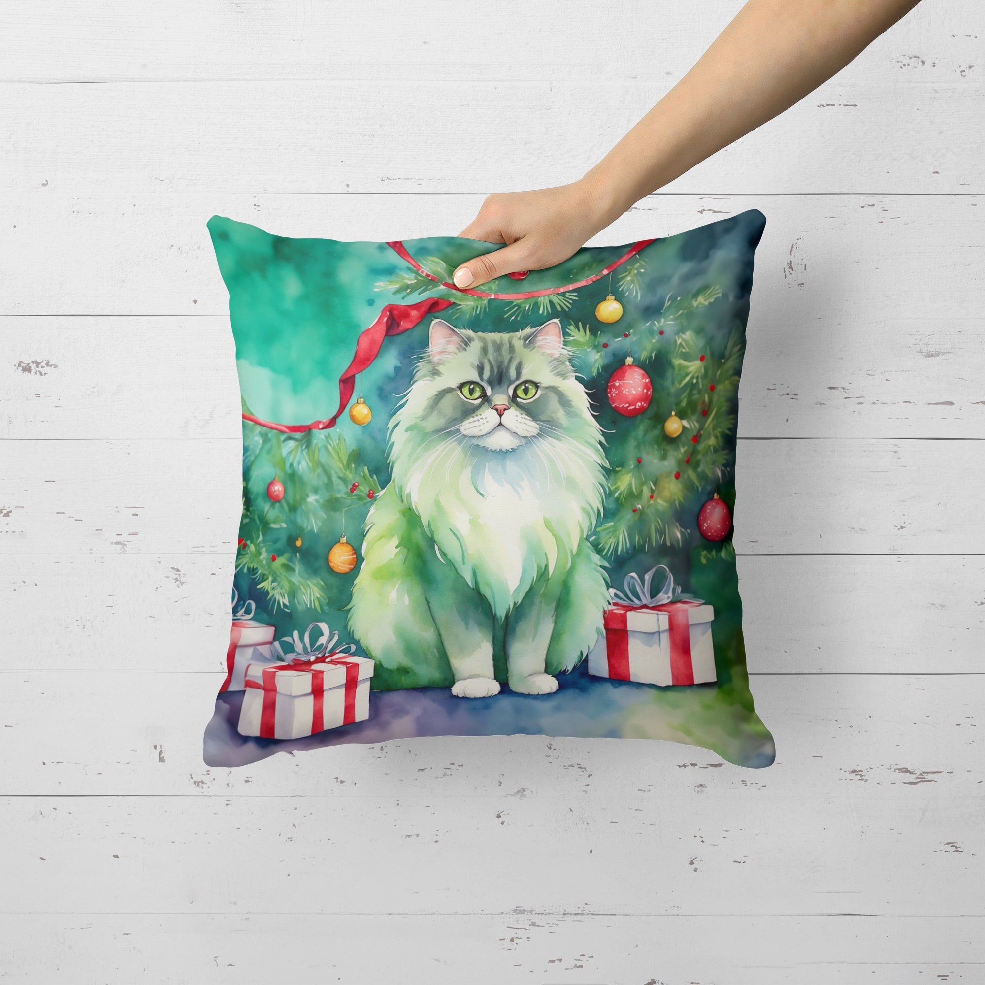Persian Cat By the Christmas Tree Decorative Throw Pillow 18x18 Indoor Outdoor Accent Cushion, Fabric Cover with Insert for Sofa, Bed, Porch & Living Room
