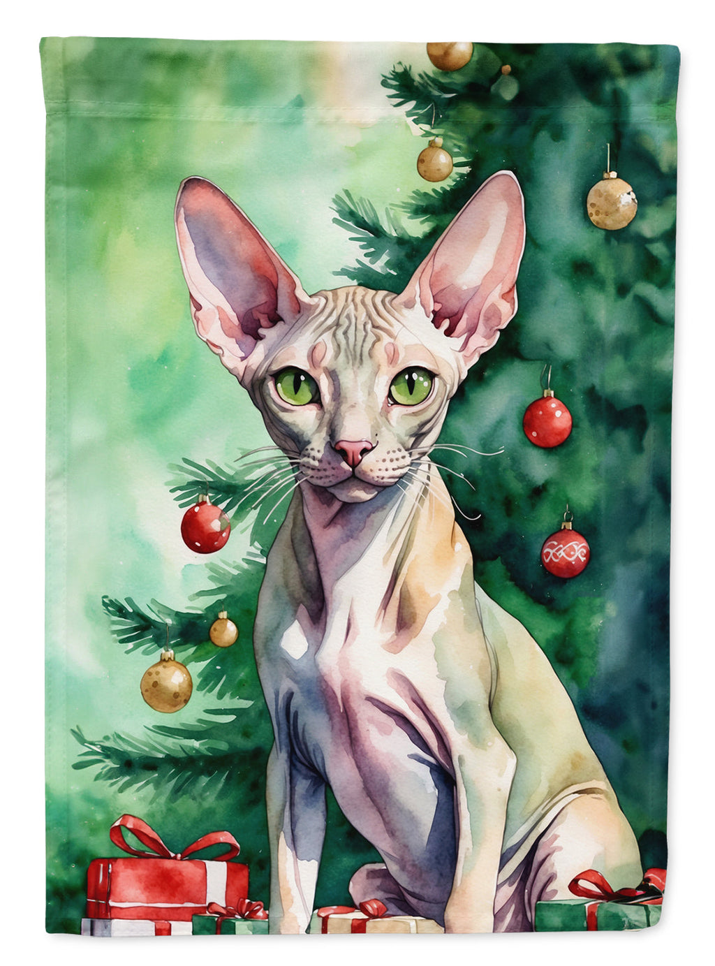 Peterbald Cat By the Christmas Tree House Flag 28x40 Porch Sleeve Pole Decorative Outside Yard Banner Artwork Wall Hanging, Polyester