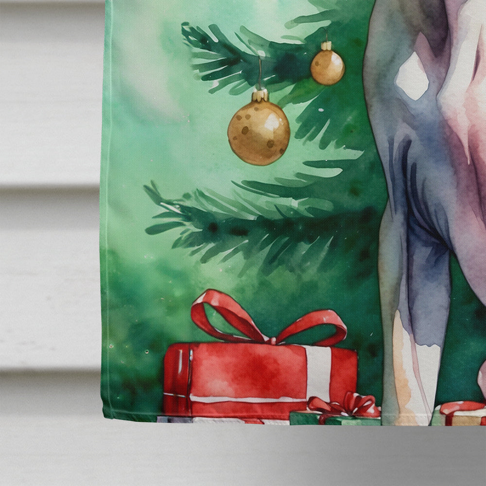 Peterbald Cat By the Christmas Tree House Flag 28x40 Porch Sleeve Pole Decorative Outside Yard Banner Artwork Wall Hanging, Polyester