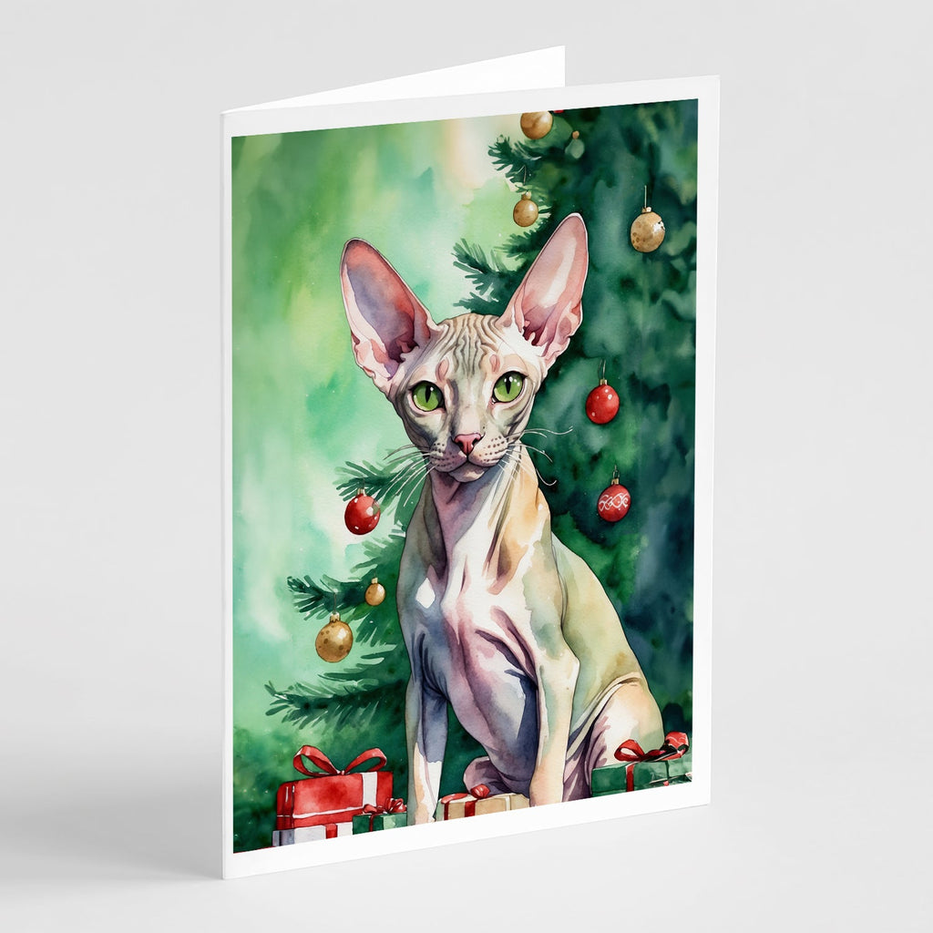 Peterbald Cat By the Christmas Tree Greeting Cards Pack of 8 Blank Cards with Envelopes Whimsical A7 Size 5x7