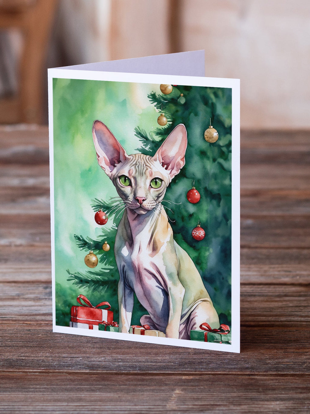 Peterbald Cat By the Christmas Tree Greeting Cards Pack of 8 Blank Cards with Envelopes Whimsical A7 Size 5x7