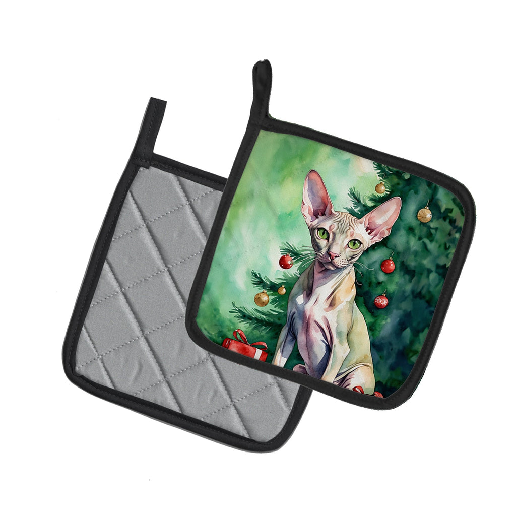 Peterbald Cat By the Christmas Tree Pot Holder Set of 2 Heat Resistant Quilted Hot Pads 7.5 x 7.5 Inch, Insulated Kitchen Trivets for Cooking & Baking