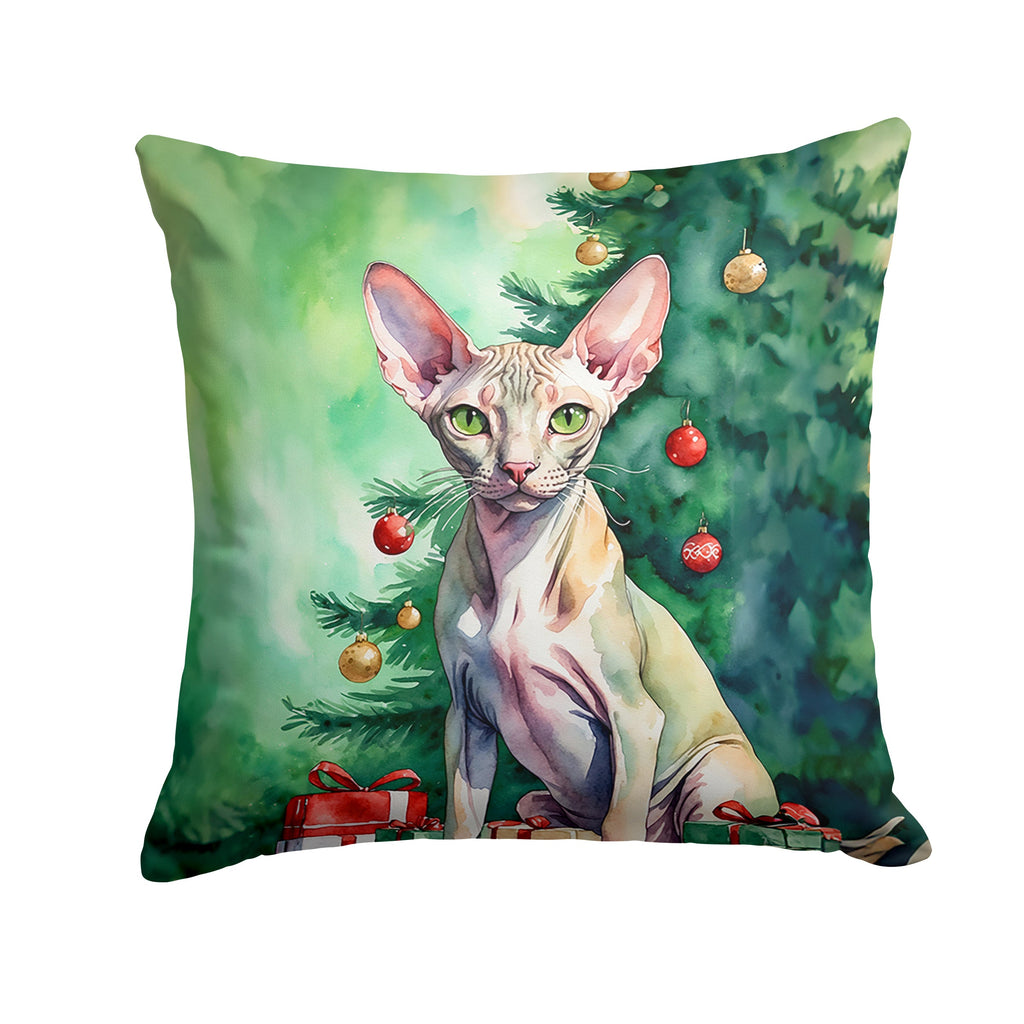 Peterbald Cat By the Christmas Tree Decorative Throw Pillow 14x14 Indoor Outdoor Accent Cushion, Fabric Cover with Insert for Sofa, Bed, Porch & Living Room