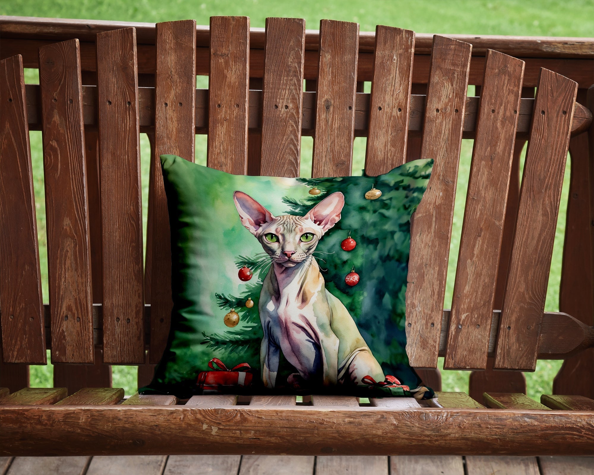 Peterbald Cat By the Christmas Tree Decorative Throw Pillow 14x14 Indoor Outdoor Accent Cushion, Fabric Cover with Insert for Sofa, Bed, Porch & Living Room