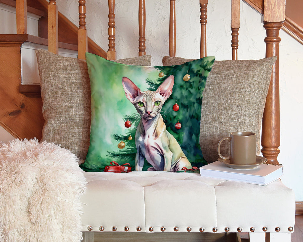 Peterbald Cat By the Christmas Tree Decorative Throw Pillow 14x14 Indoor Outdoor Accent Cushion, Fabric Cover with Insert for Sofa, Bed, Porch & Living Room