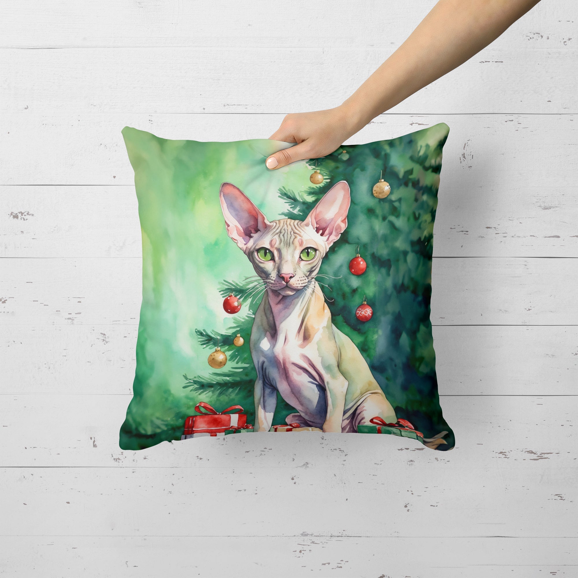 Peterbald Cat By the Christmas Tree Decorative Throw Pillow 18x18 Indoor Outdoor Accent Cushion, Fabric Cover with Insert for Sofa, Bed, Porch & Living Room