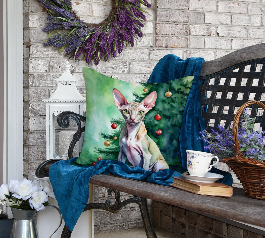 Peterbald Cat By the Christmas Tree Decorative Throw Pillow 18x18 Indoor Outdoor Accent Cushion, Fabric Cover with Insert for Sofa, Bed, Porch & Living Room