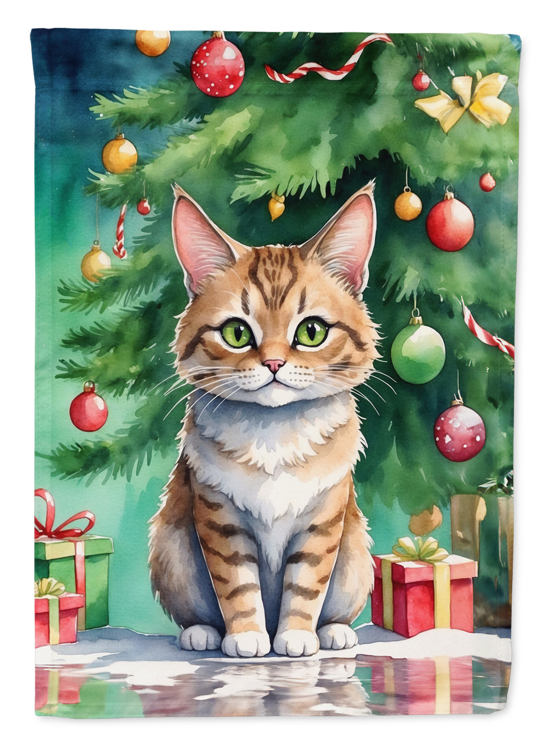 Pixie Bob Cat By the Christmas Tree House Flag 28x40 Porch Sleeve Pole Decorative Outside Yard Banner Artwork Wall Hanging, Polyester