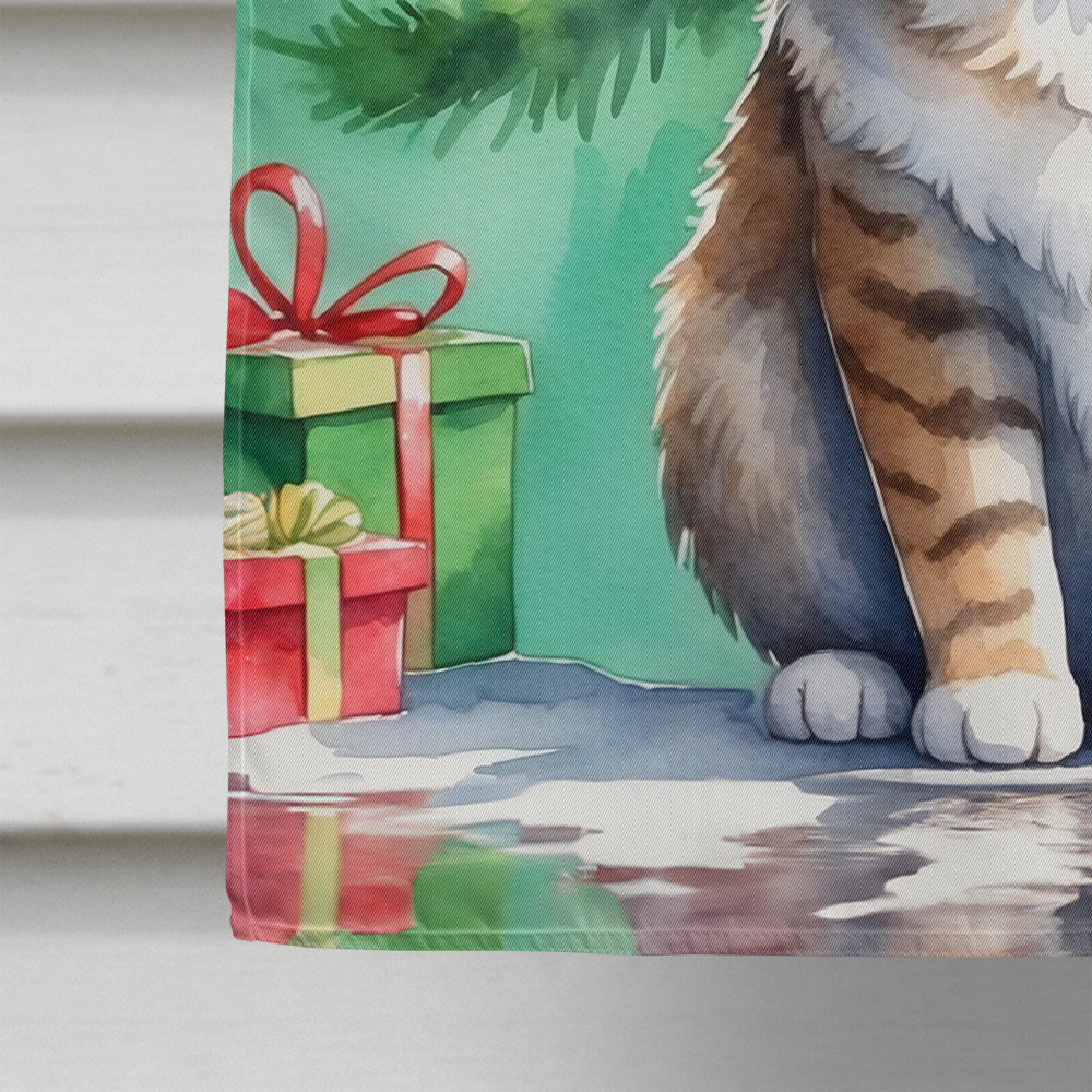Pixie Bob Cat By the Christmas Tree House Flag 28x40 Porch Sleeve Pole Decorative Outside Yard Banner Artwork Wall Hanging, Polyester