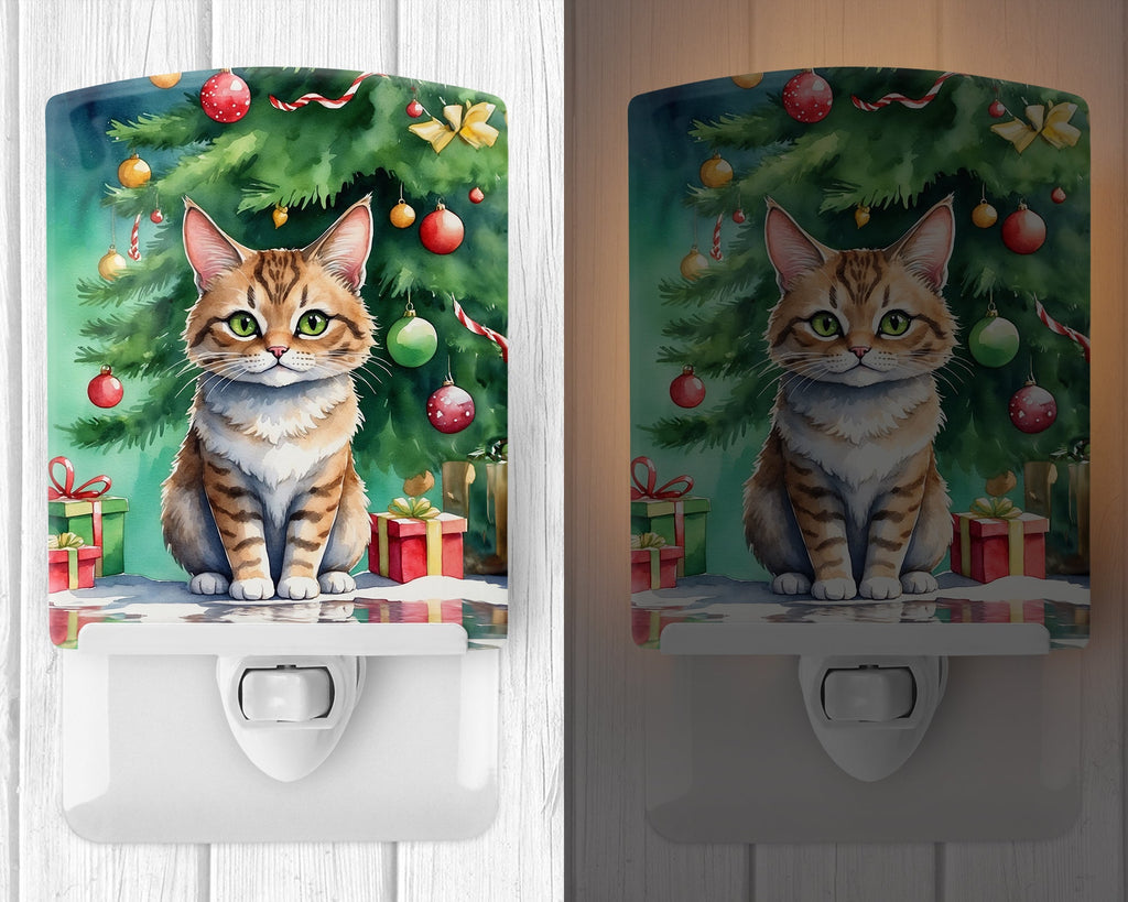 Pixie Bob Cat By the Christmas Tree Ceramic Night Light Compact, UL-Certified, Ideal for Bedroom, Bathroom, Nursery, Hallway, Kitchen, 6x4x3, Multicolor